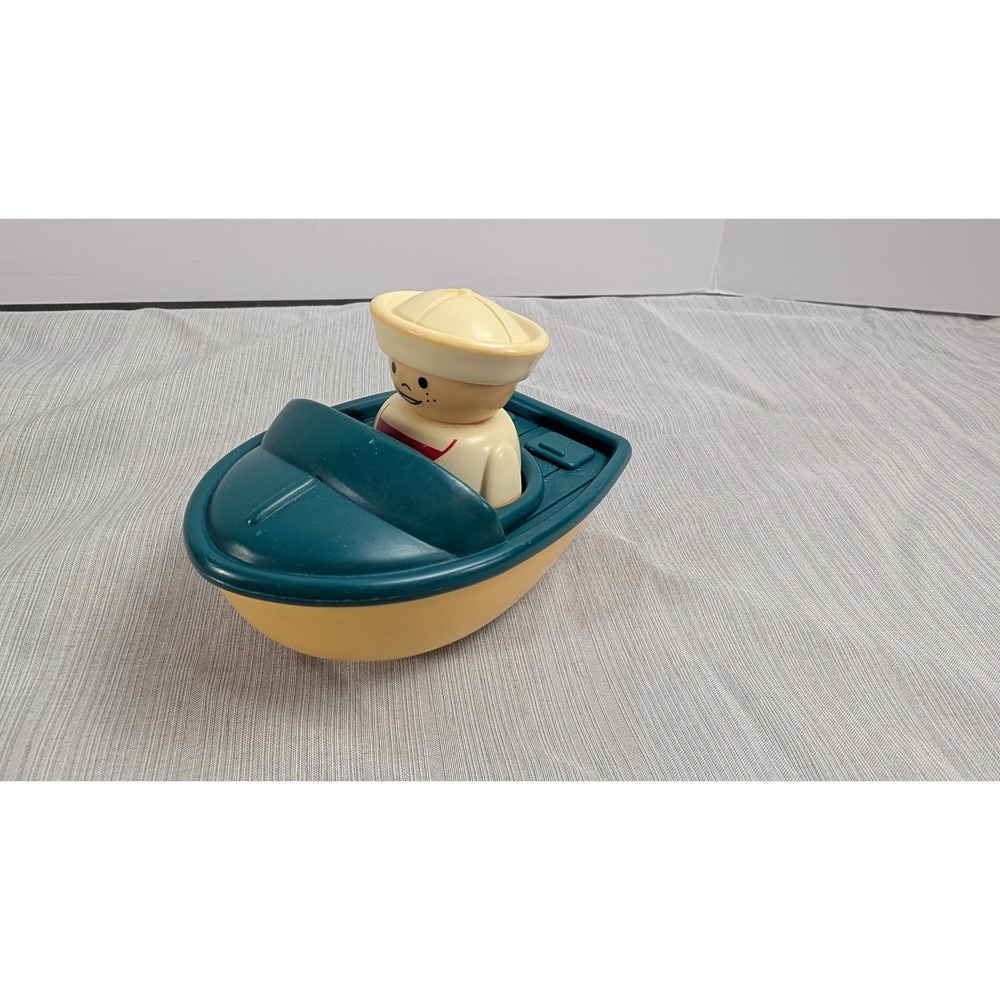 Shelcore Vintage Sailor in Tug Boat Bath Toy Teal Yellow Plastic Retro Toy